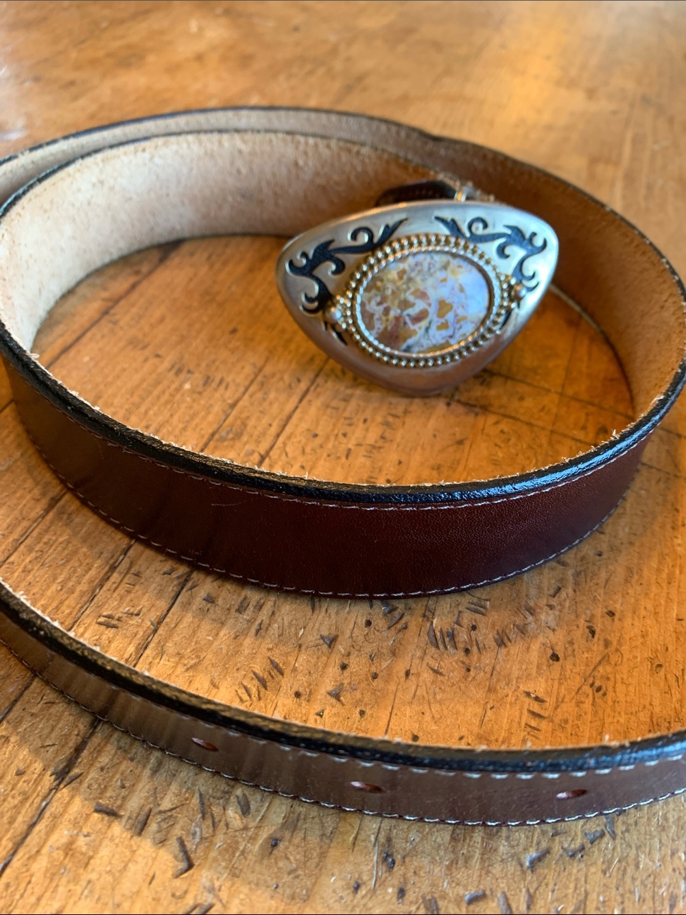 Brown Leather Belt with Agate Stone Buckle - Picture 6 of 16